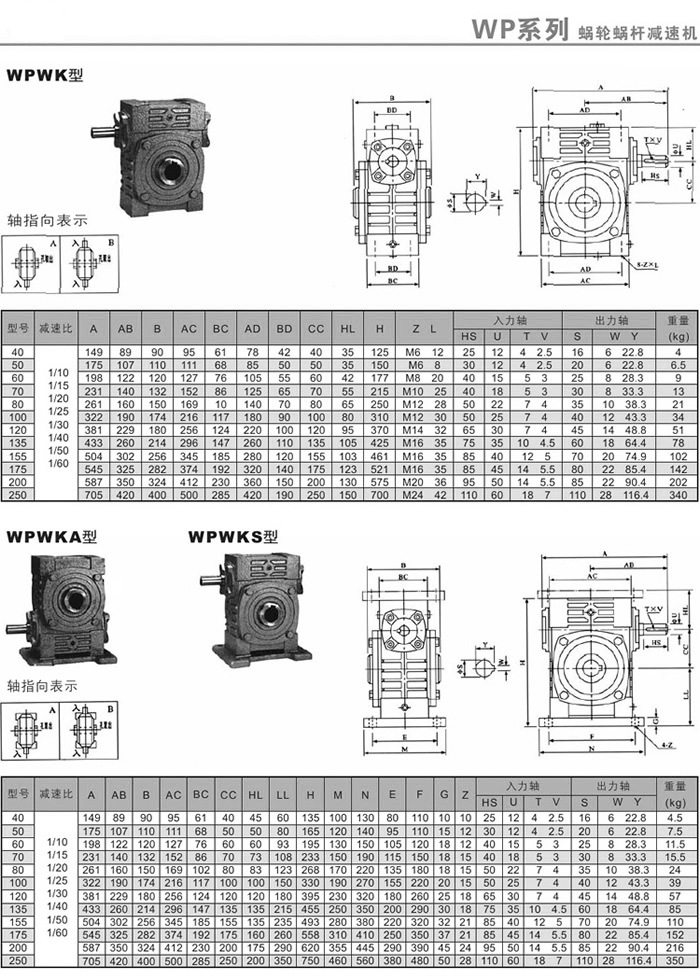 WPWK、WPWKA、WPWKS蜗轮减速机安装尺寸及重量