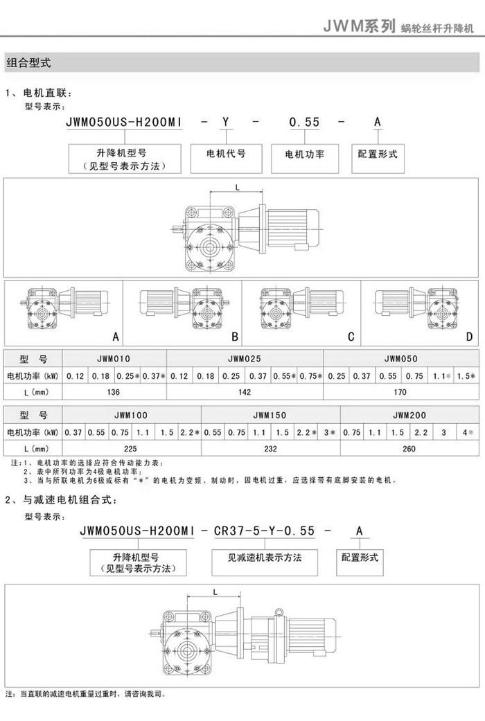 JWM升降机与电机直联型号表示及与减速电机组合式